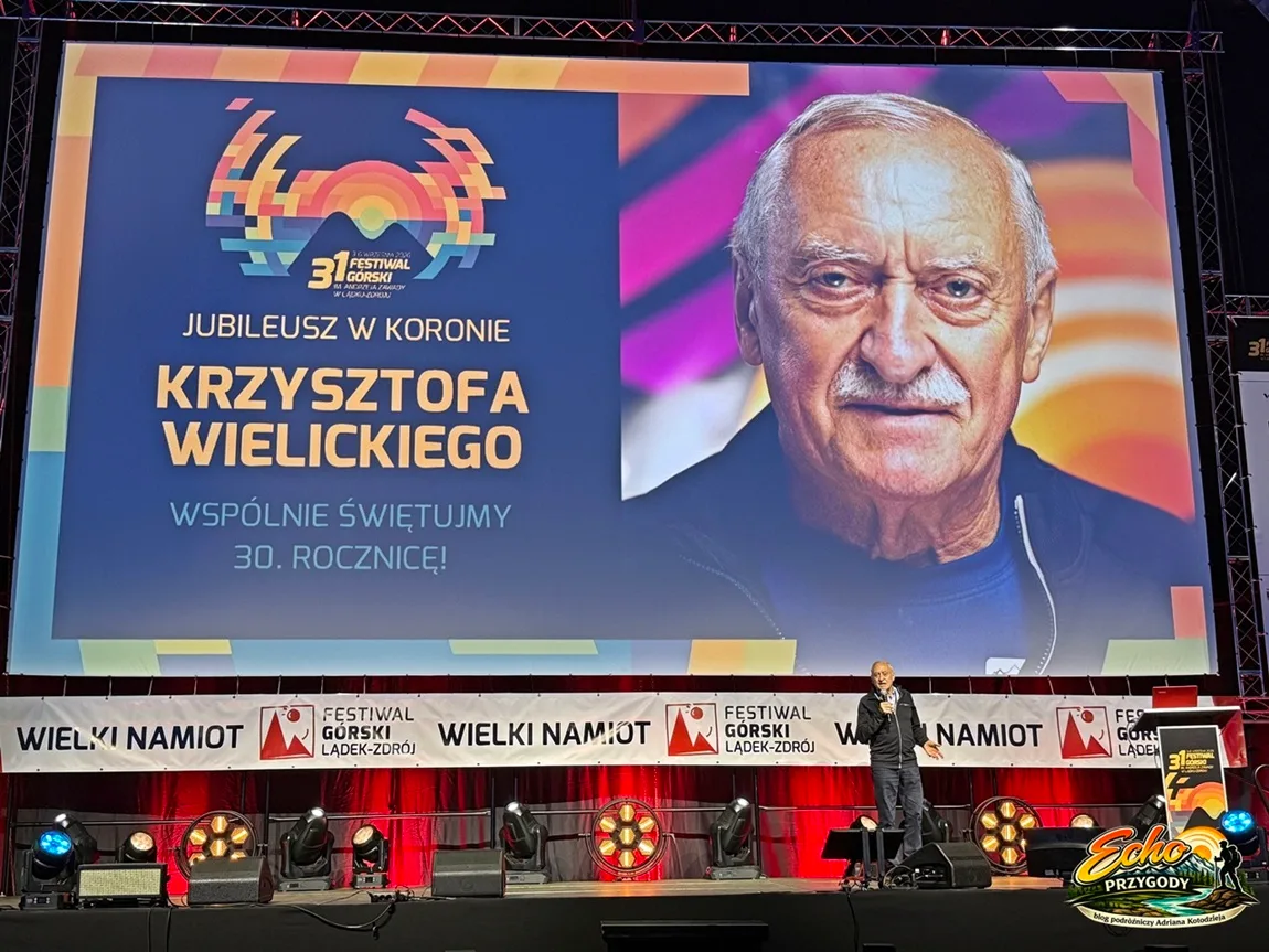 Krzysztof Wielicki na telebimie podczas prelekcji z okazji 30 lat od zdobycia Korony Himalajów i Karakorum.